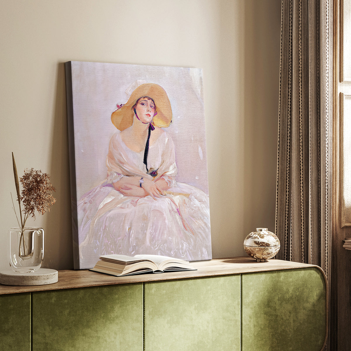 Canvas art print of a refined figure with delicate tones and elegant posture styled in a home decor setting.