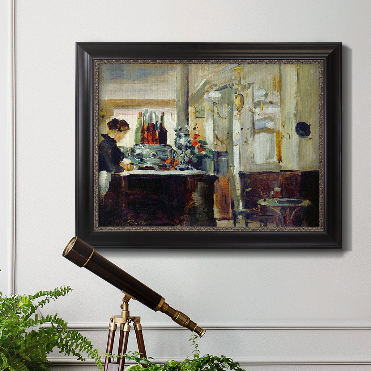 Impressionist café still life scene by Édouard Manet in an ornate black frame with gilded inner detail displayed in a light-toned interior setting.