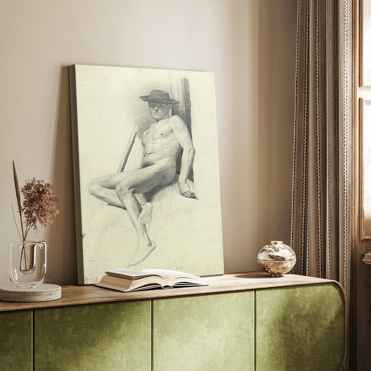 Canvas art print of a relaxed seated figure with minimal shading and light detail styled in a home decor setting.