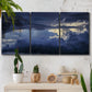 Three-panel canvas wall art featuring hot air balloons rising at dawn, displayed in a boho-chic entryway above a console table.