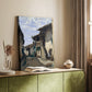 Canvas art print of a quiet town scene with simple architecture and muted tones styled in a home decor setting.