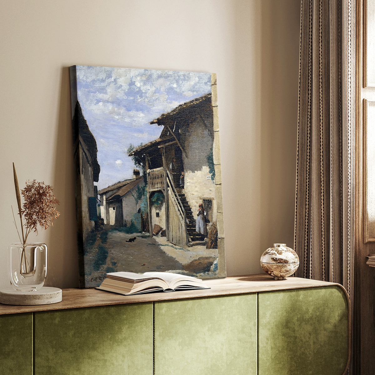 Canvas art print of a quiet town scene with simple architecture and muted tones styled in a home decor setting.