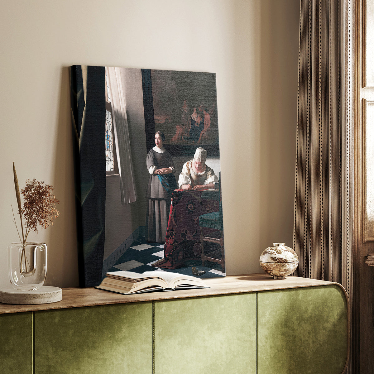 Canvas art print of a refined scene with figures and soft window light styled in a home decor setting.