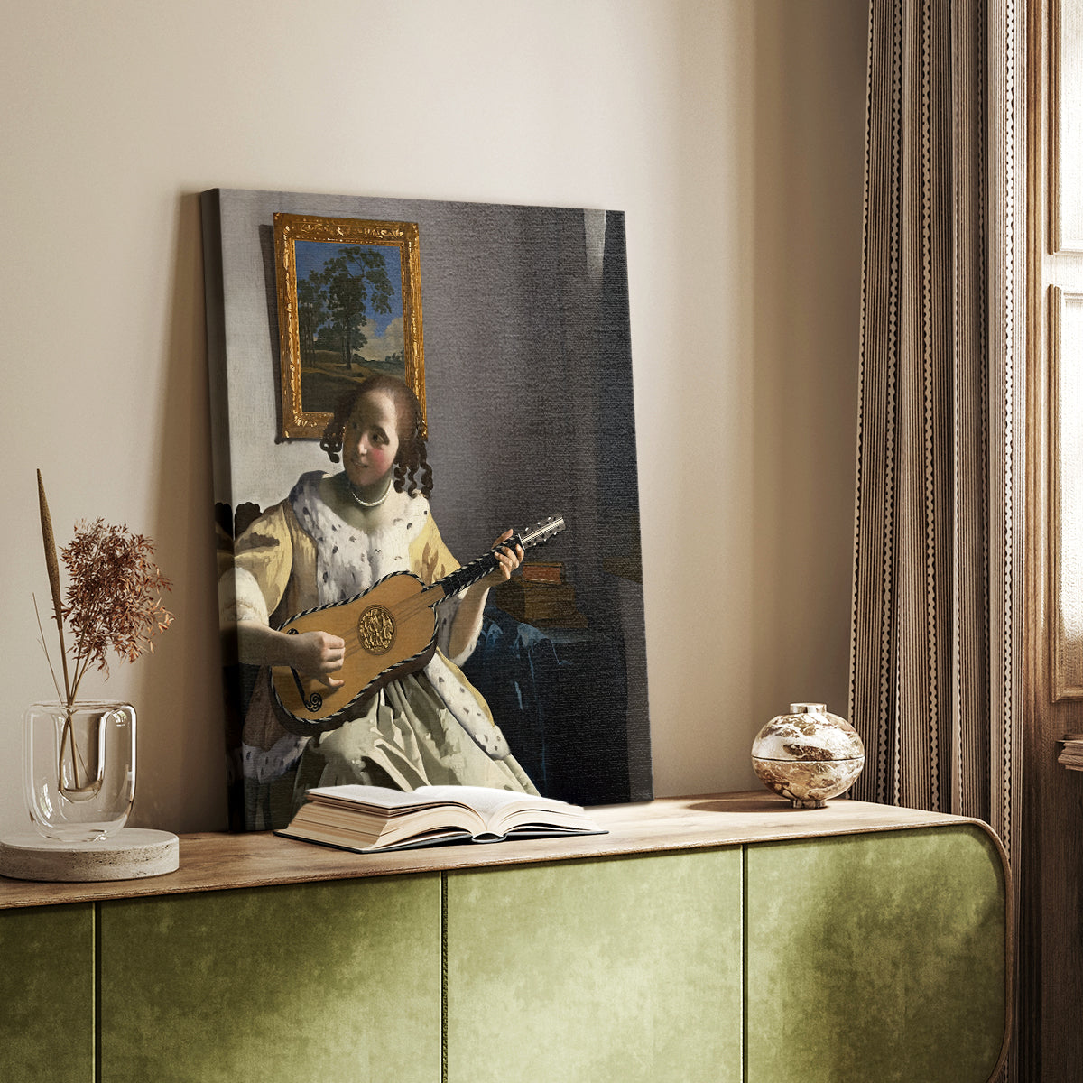 Canvas art print of a musical scene with figure and warm tones styled in a home decor setting.