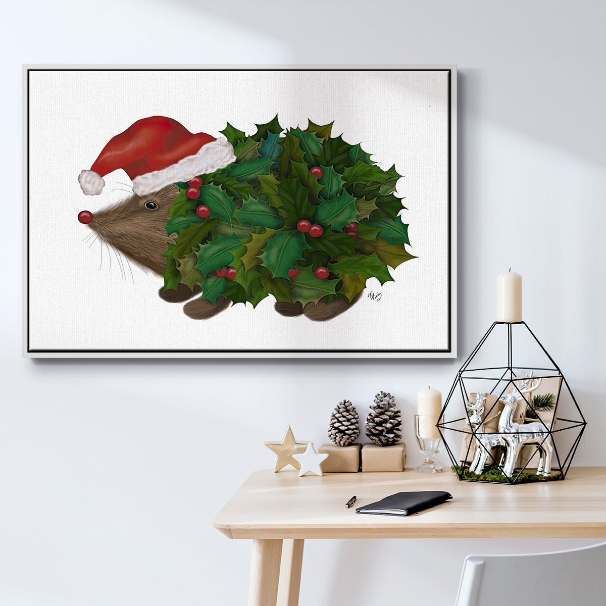 Christmas Holly Hedgehog - Framed Gallery Wrapped Canvas in Floating Frame