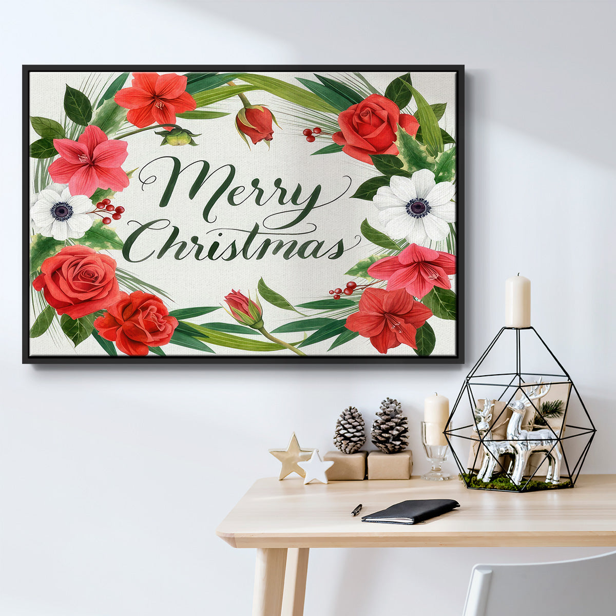 Christmas Flora Wreath Collection A - Framed Gallery Wrapped Canvas in Floating Frame