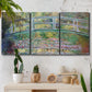 Three-panel canvas wall art featuring water lilies with arched bridge, displayed in a boho-chic entryway above a console table.