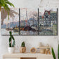 Three-panel canvas wall art featuring historic canal view with boats, displayed in a boho-chic entryway above a console table.