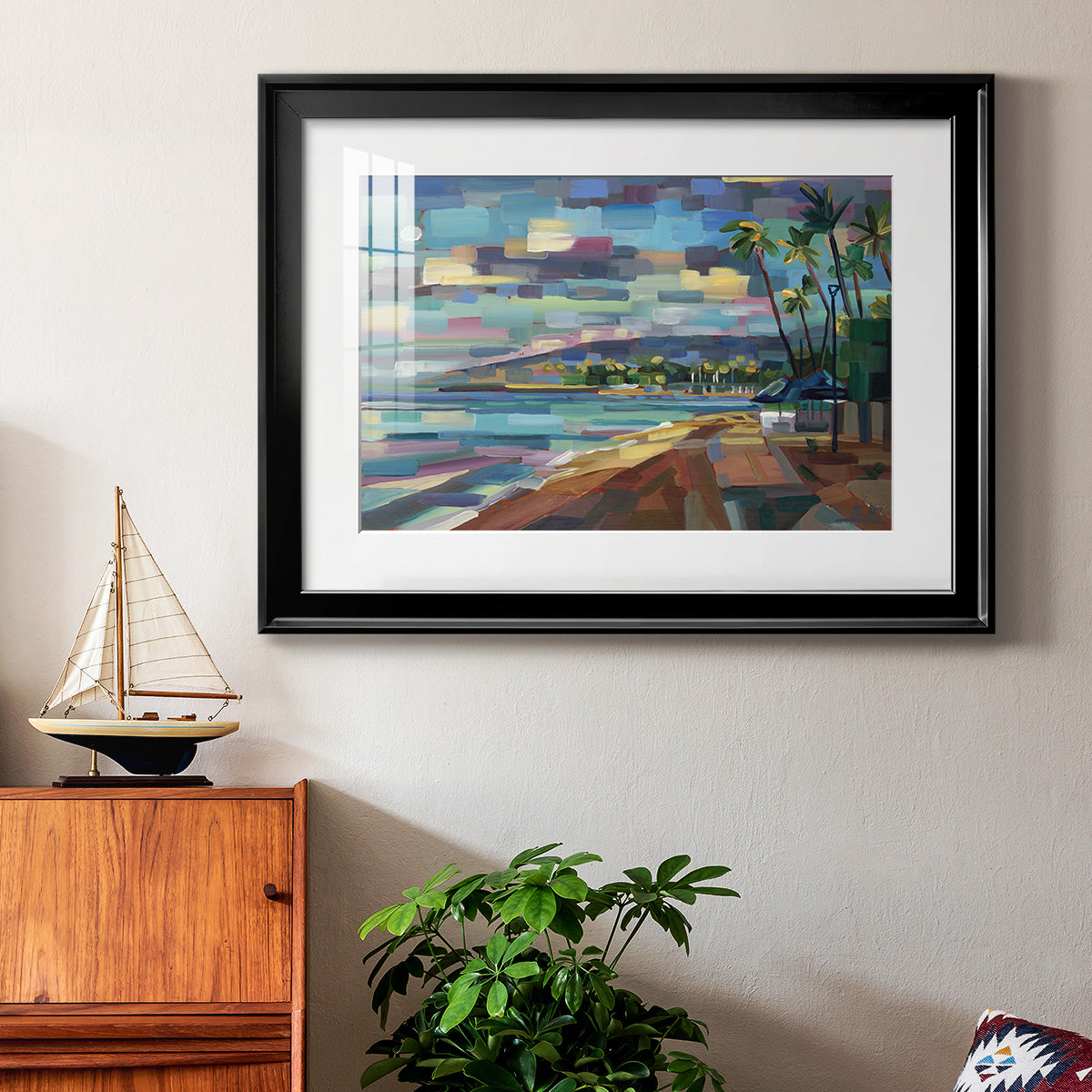 Morning Moon Over Waikiki - Modern Framed Art Print