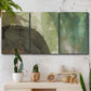 Three-panel canvas wall art featuring layered green abstract composition, displayed in a boho-chic entryway above a console table.