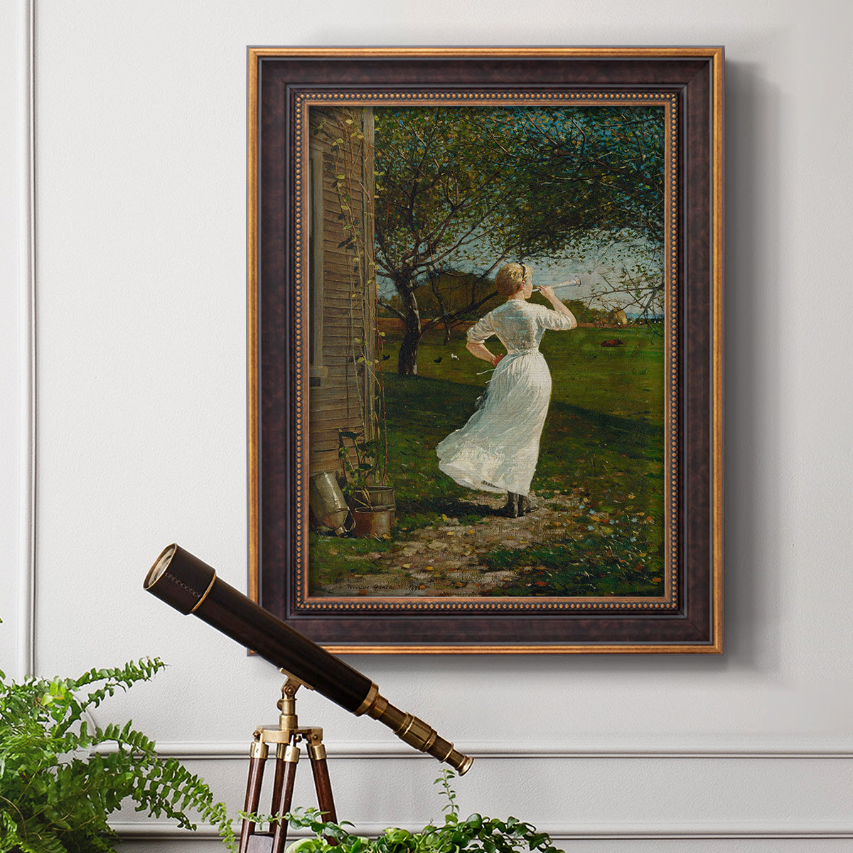 Narrative religious genre scene by Winslow Homer in an ornate bronzed mahogany wood frame displayed in a light-toned interior setting.