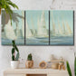 Three-panel canvas wall art featuring sailboats silhouetted at sunrise, displayed in a boho-chic entryway above a console table.