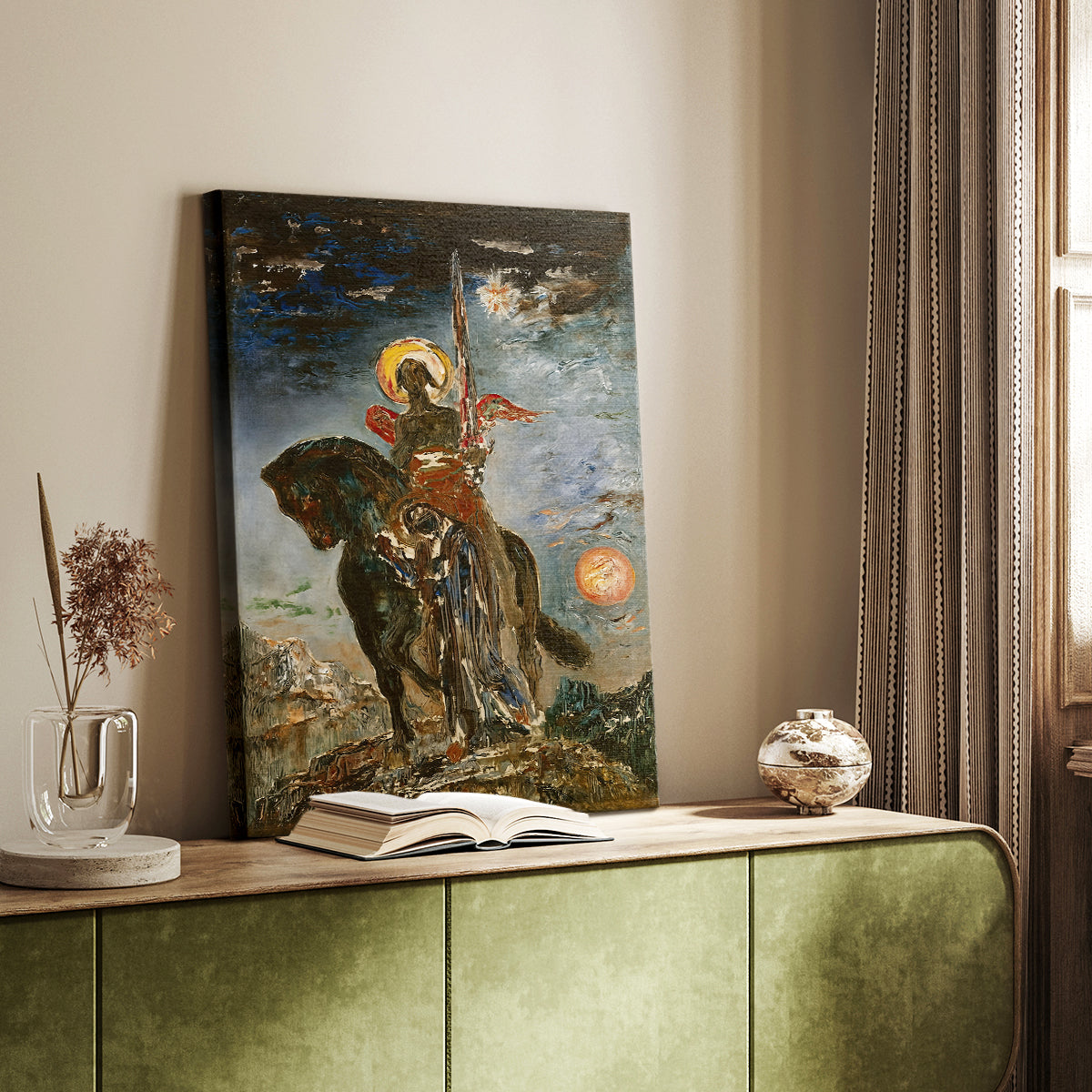 Canvas art print of an allegorical composition with contrasting figures and tones styled in a home decor setting.