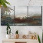 Three-panel canvas wall art featuring soft abstract evening light, displayed in a boho-chic entryway above a console table.