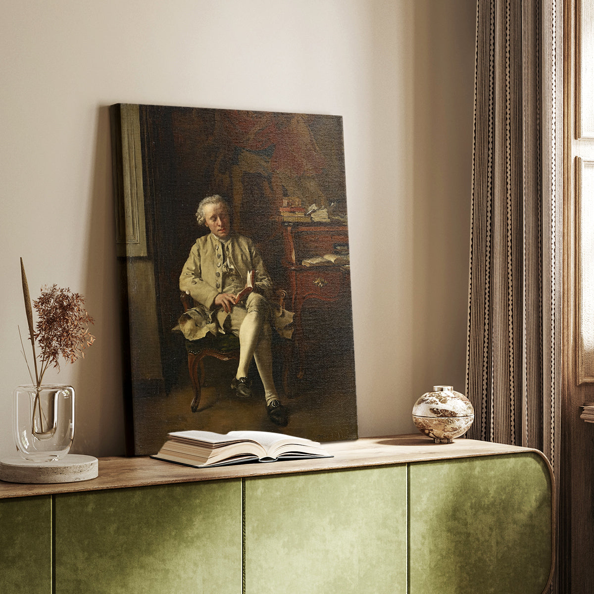 Canvas art print of a quiet figure absorbed in a book with warm tones styled in a home decor setting.