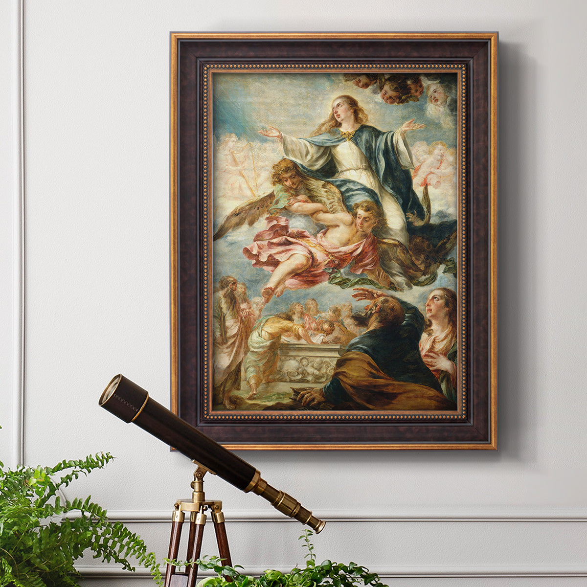 Religious painting of the Assumption of the Virgin Mary by Juan de Valdés Leal in an ornate bronzed mahogany wood frame displayed in a light-toned interior setting.