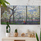 Three-panel canvas wall art featuring fresh spring countryside landscape, displayed in a boho-chic entryway above a console table.