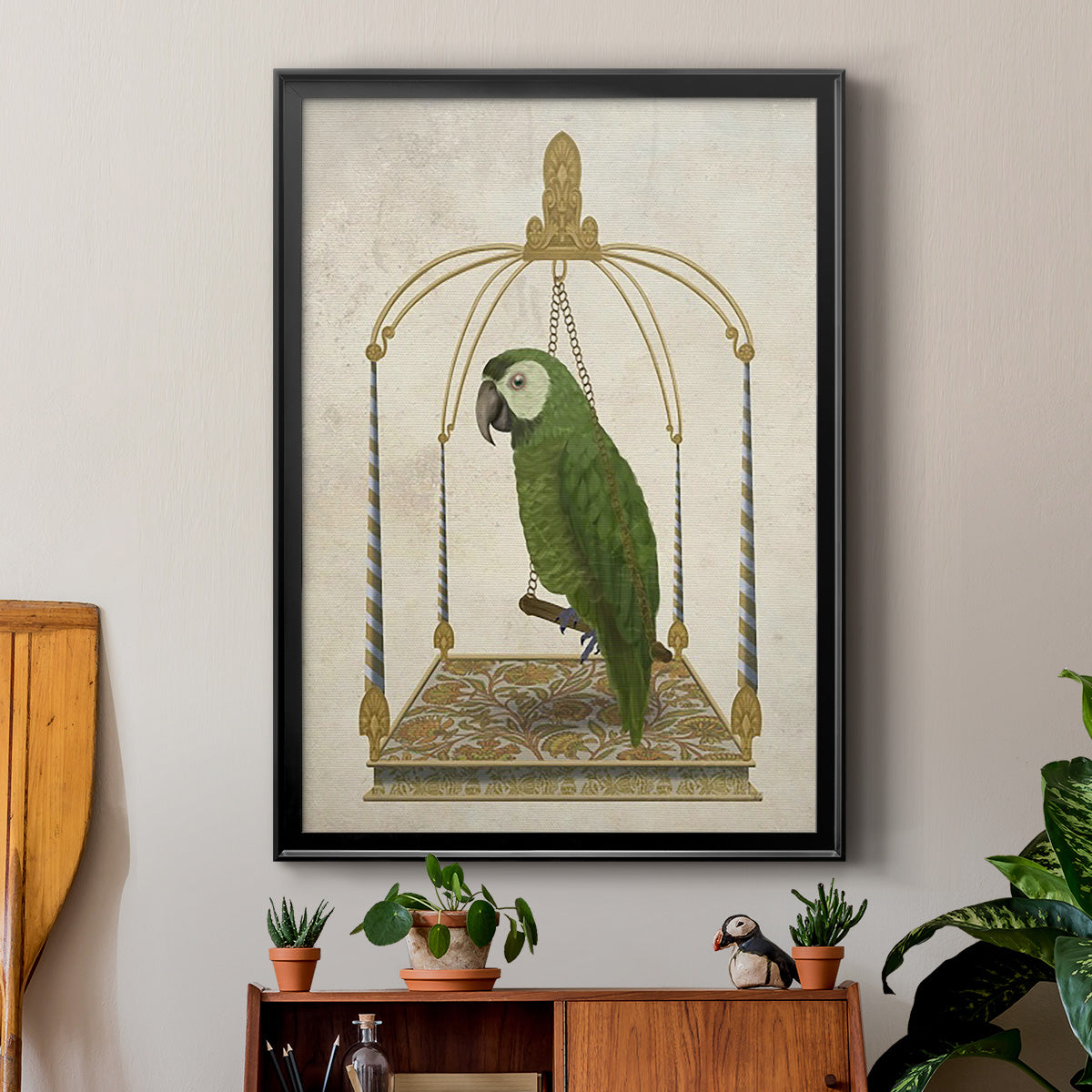 Green Parrot on Swing - Modern Framed Canvas Print