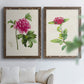 Set of two walnut barnwood framed canvas prints depicting peonies thistles leafy stems and archival cream paper arranged across two complementary compositions above a sofa in a bright living space.
