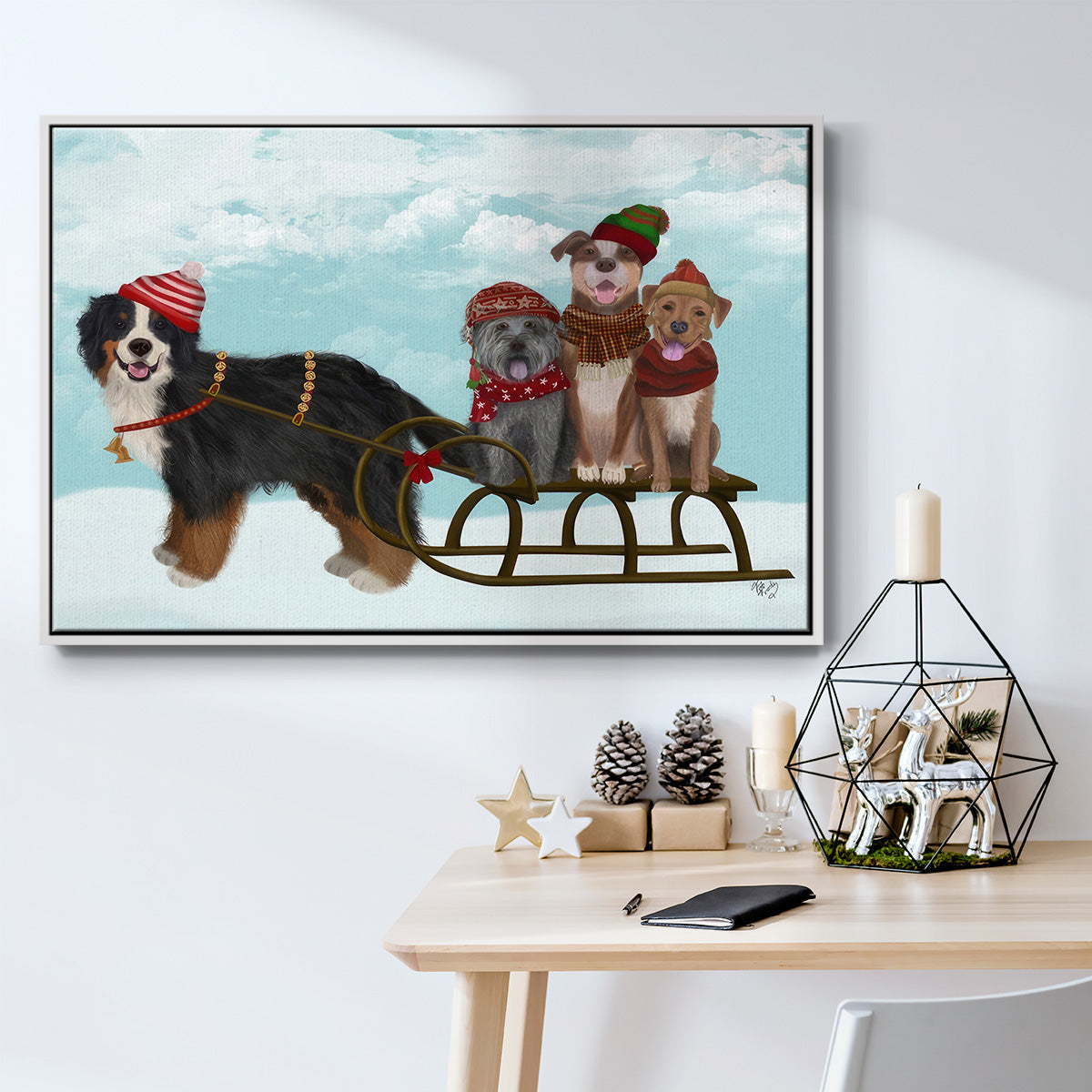Christmas Mutt Sled - Floater Framed Canvas Print