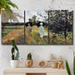 Three-panel canvas wall art featuring figures walking along riverbank, displayed in a boho-chic entryway above a console table.