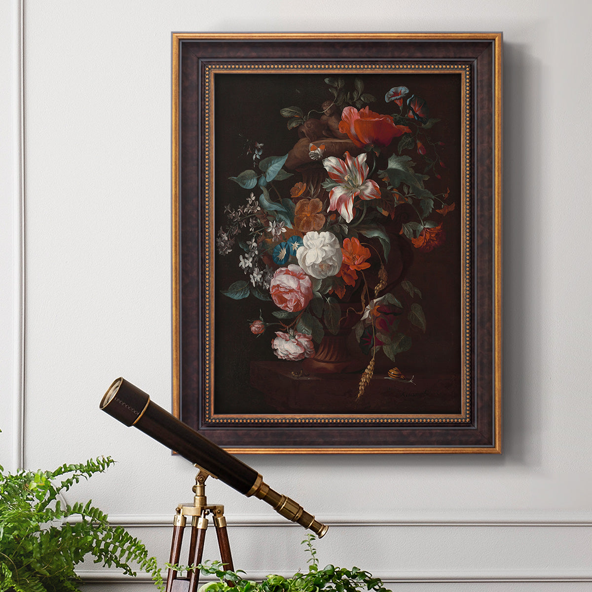 Classical floral still life painting by Jan van Huysum in an ornate bronzed mahogany wood frame displayed in a light-toned interior setting.
