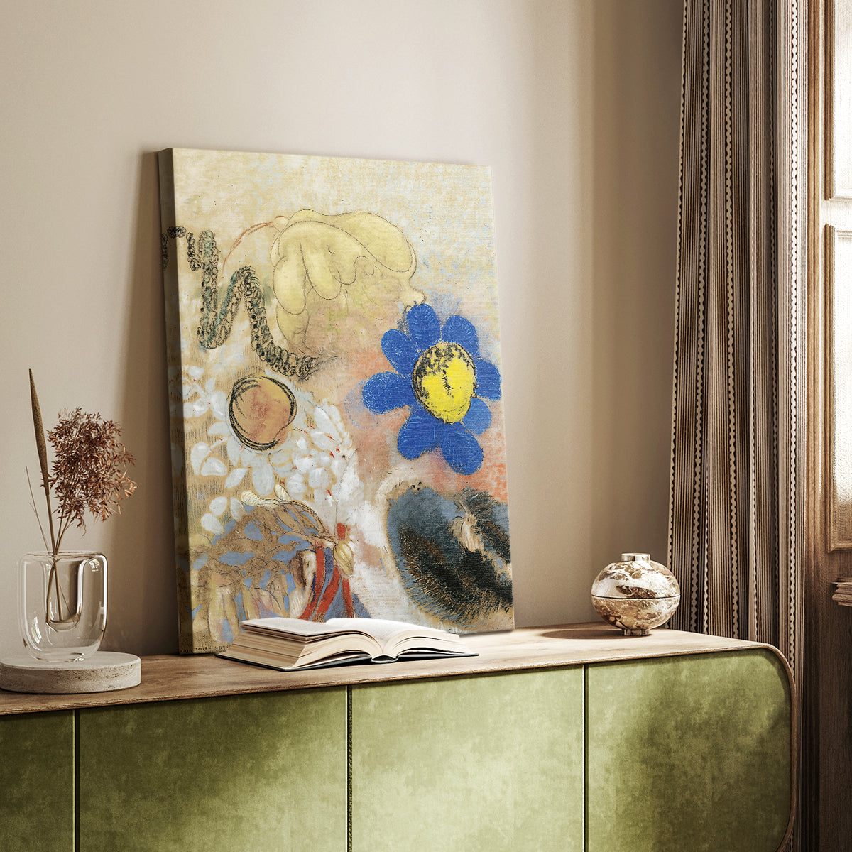 Canvas art print of a surreal arrangement with organic shapes and muted tones styled in a home decor setting.