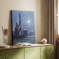 Canvas art print of an industrial landscape with soft light and atmospheric tones styled in a home decor setting.