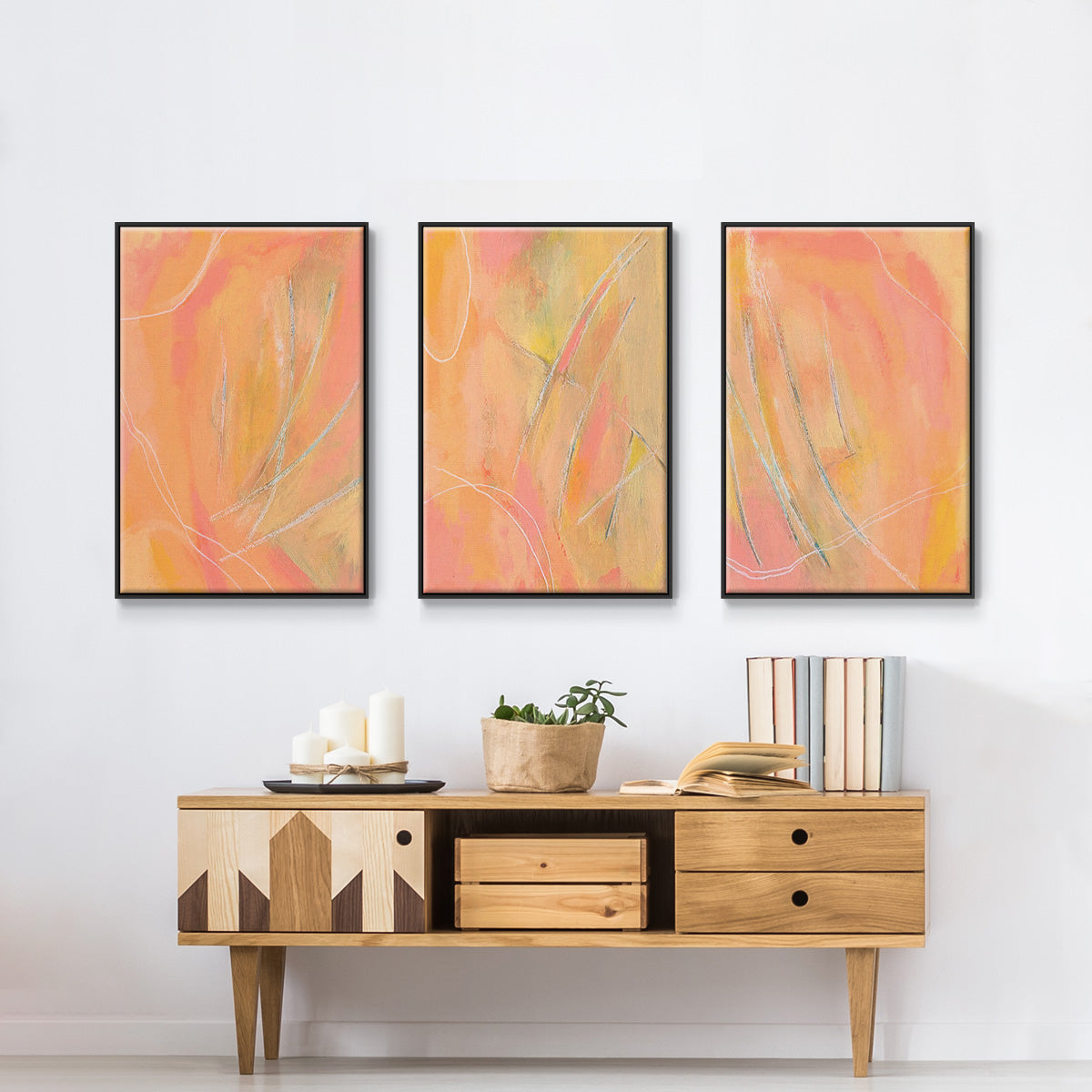 Patterned Leaf Shapes I - Framed Premium Gallery Wrapped Canvas L Frame 3 Piece Set - Ready to Hang