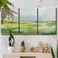 Three-panel canvas wall art featuring lowland wetlands with reflective water, displayed in a boho-chic entryway above a console table.