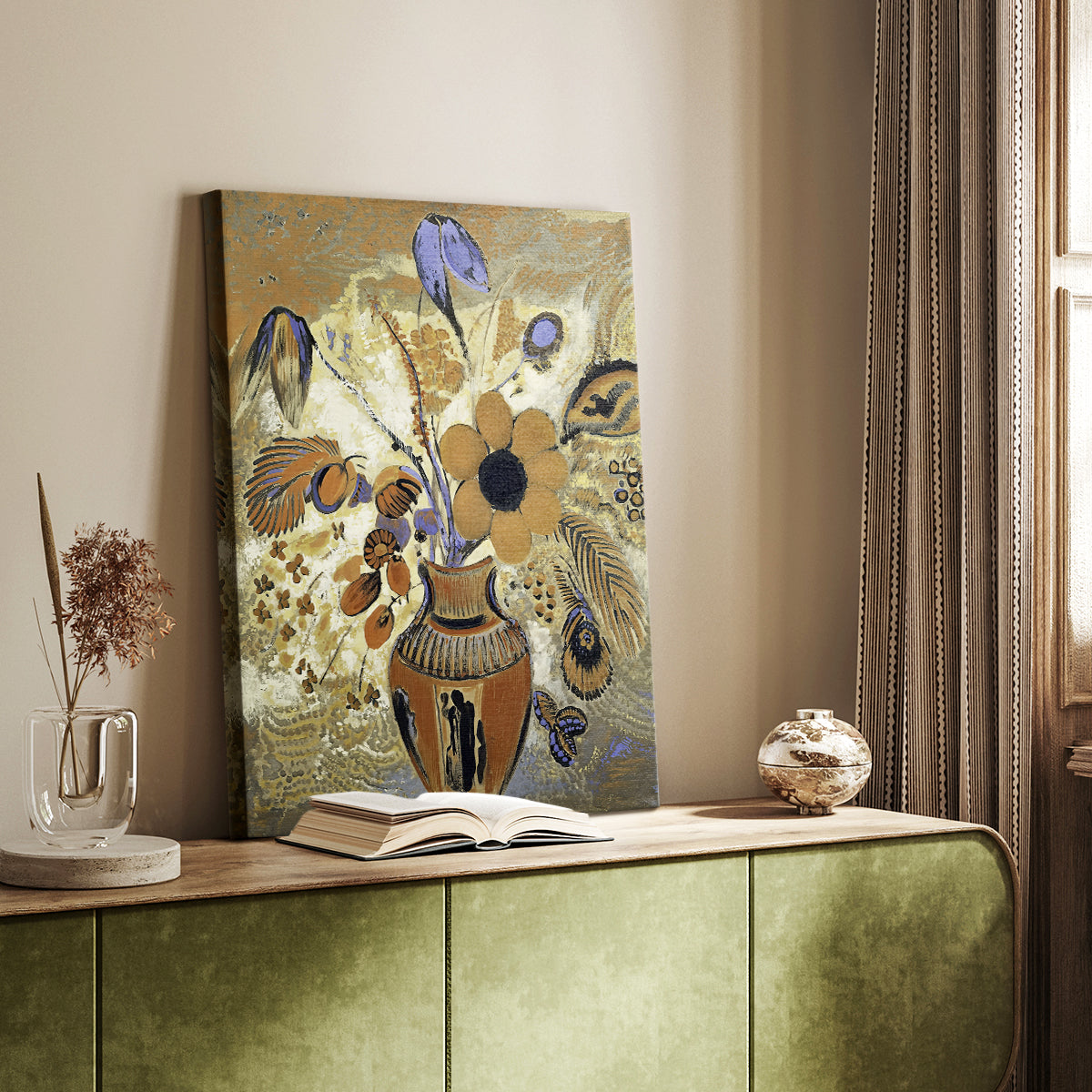 Canvas art print of a decorative arrangement with organic shapes and gentle tones styled in a home decor setting.