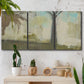 Three-panel canvas wall art featuring tall abstract tree form, displayed in a boho-chic entryway above a console table.