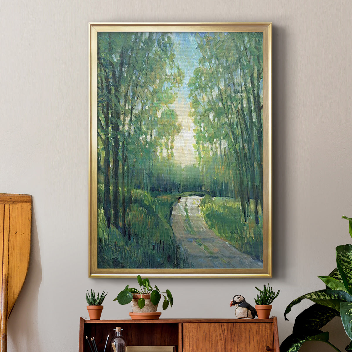 Golden Light Pathways II - Modern Framed Canvas Print