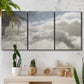 Three-panel canvas wall art featuring aerial landscape view photograph, displayed in a boho-chic entryway above a console table.