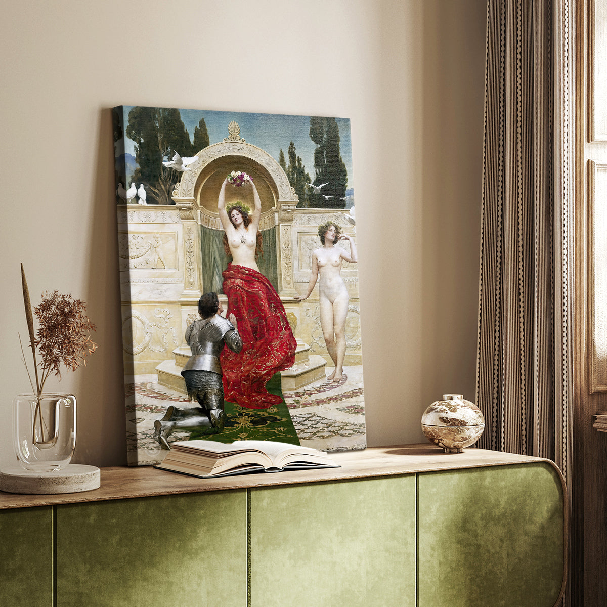 Canvas art print of a fantasy setting with a seated classical deity and ornate surroundings styled in a home decor setting.