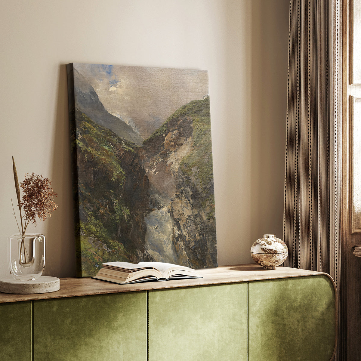 Canvas art print of a powerful waterfall rushing through a steep rocky valley styled in a home decor setting.
