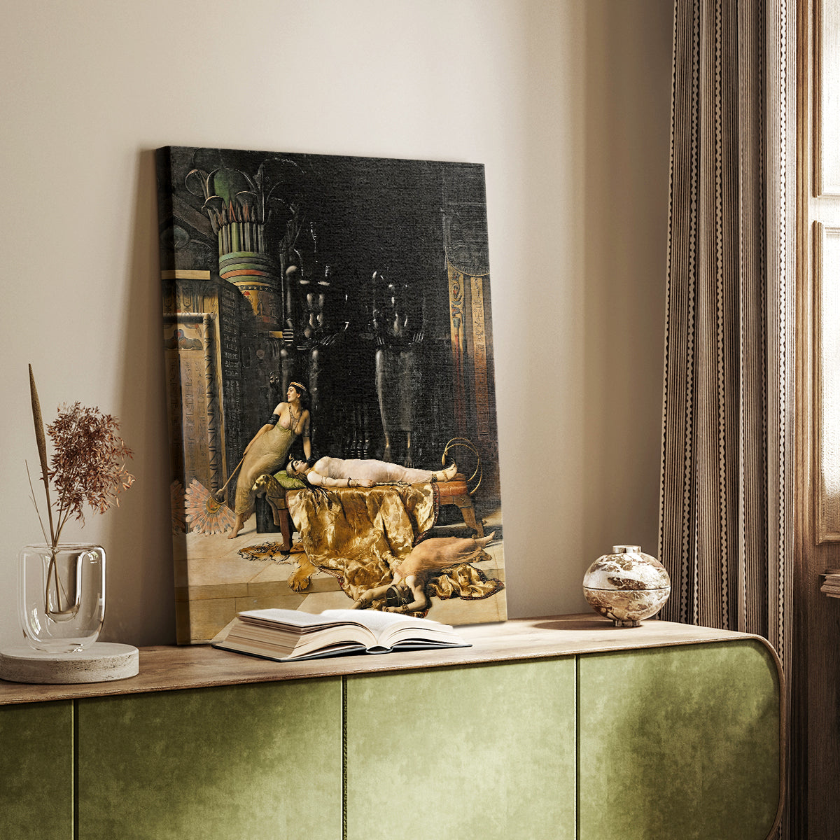 Canvas art print of a historical composition with figure and rich decorative setting styled in a home decor setting.