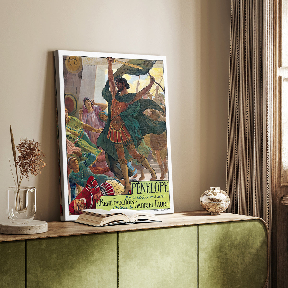 Canvas art print of a stylized female figure with elegant lines and muted color styled in a home decor setting.