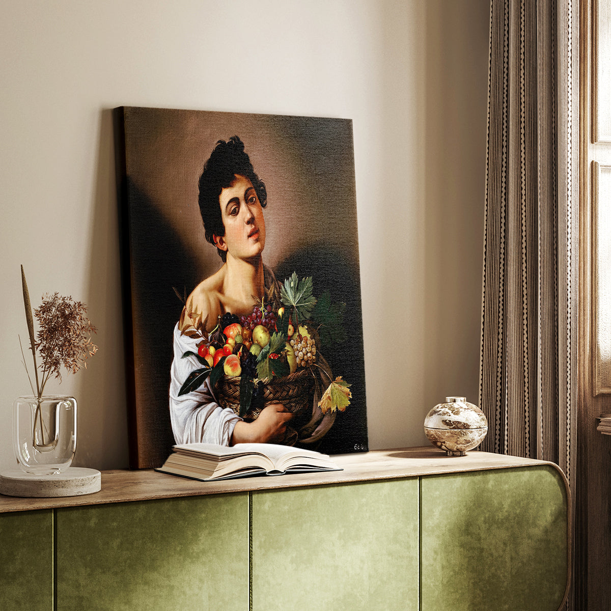 Canvas art print of a youthful figure with fruit in a naturalistic composition styled in a home decor setting.