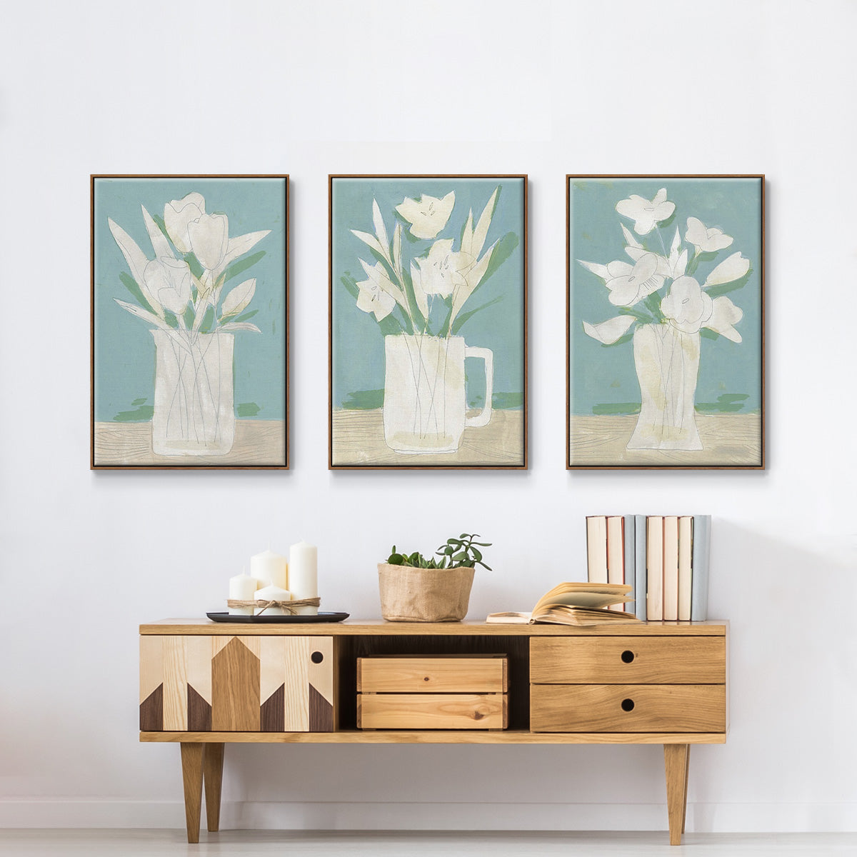 Muted Spring Arrangement I - Framed Premium Gallery Wrapped Canvas L Frame 3 Piece Set - Ready to Hang