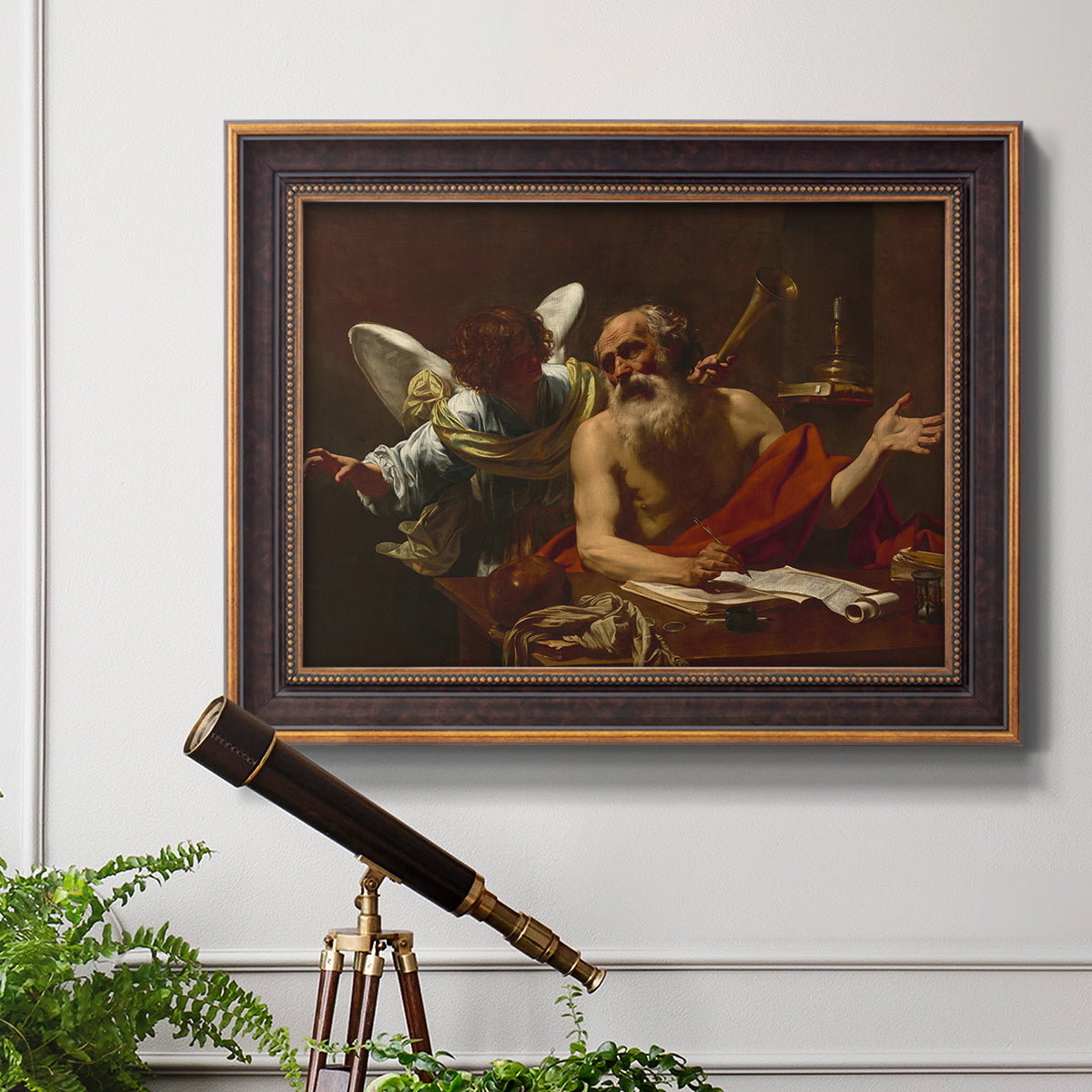 Classical religious painting of Saint Jerome with an angel by Simon Vouet in an ornate bronzed mahogany wood frame displayed in a light-toned interior setting.