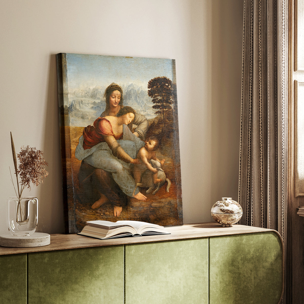 Canvas art print of a gentle grouping with natural interaction and smooth tones styled in a home decor setting.