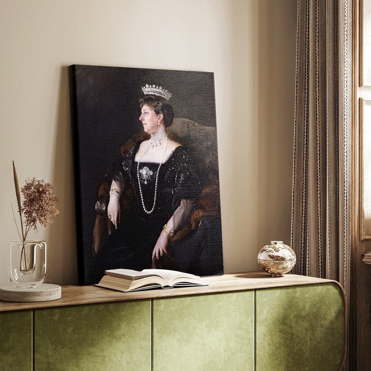 Canvas art print of a dignified figure with elegant dress and subtle tones styled in a home decor setting.