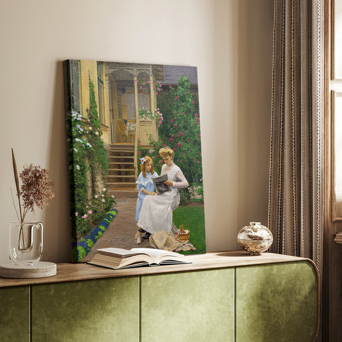 Canvas art print of a peaceful outdoor moment with figures among greenery styled in a home decor setting.