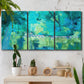 Three-panel canvas wall art featuring abstract river composition with movement, displayed in a boho-chic entryway above a console table.