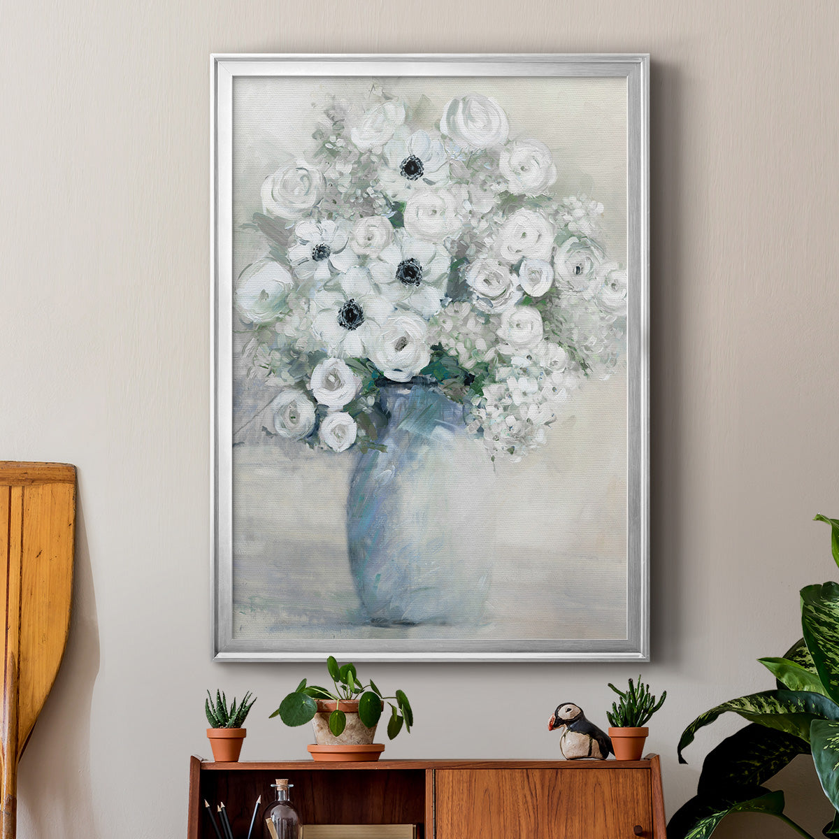 White Anemone Bouquet - Modern Framed Canvas Print