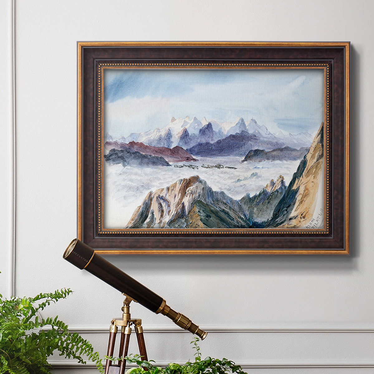 Impressionist alpine mountain landscape by John Singer Sargent in an ornate bronzed mahogany wood frame displayed in a light-toned interior setting.