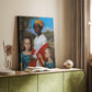 Canvas art print of a narrative scene with figures in an outdoor environment styled in a home decor setting.