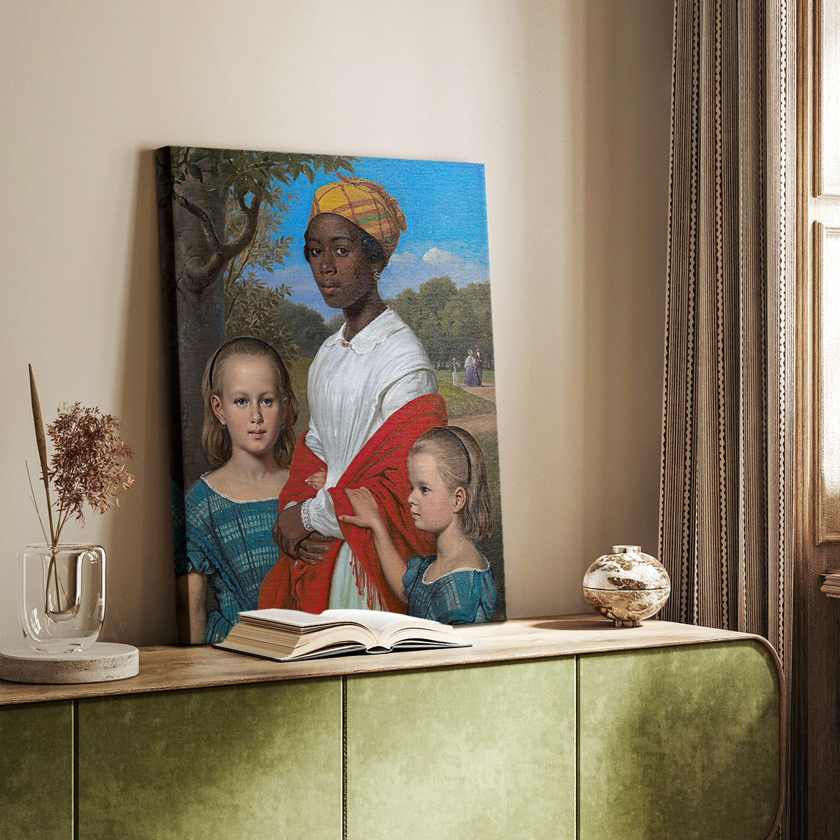 Canvas art print of a narrative scene with figures in an outdoor environment styled in a home decor setting.