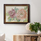 Modern peony floral drawing in an ornate mahogany wood frame with gold liner displayed in a light-toned interior setting.